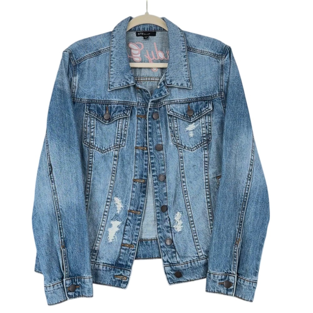 STS Blue Women's Distressed Denim Jacket Lady‎ Gang Embroidery Medium Blue